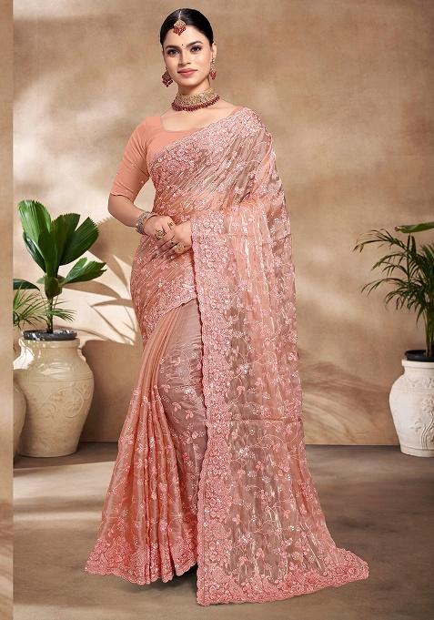 Peach Embroidery Work Silk Saree Set