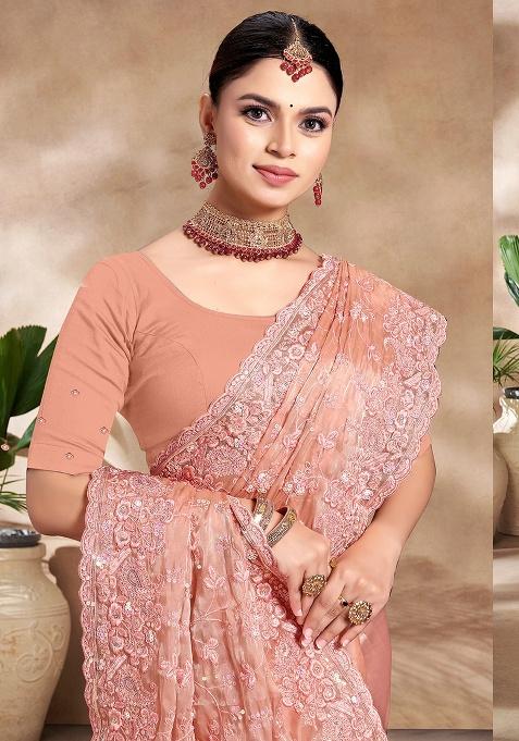 Peach Embroidery Work Silk Saree Set