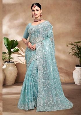 Sky Embroidery Work Silk Saree Set