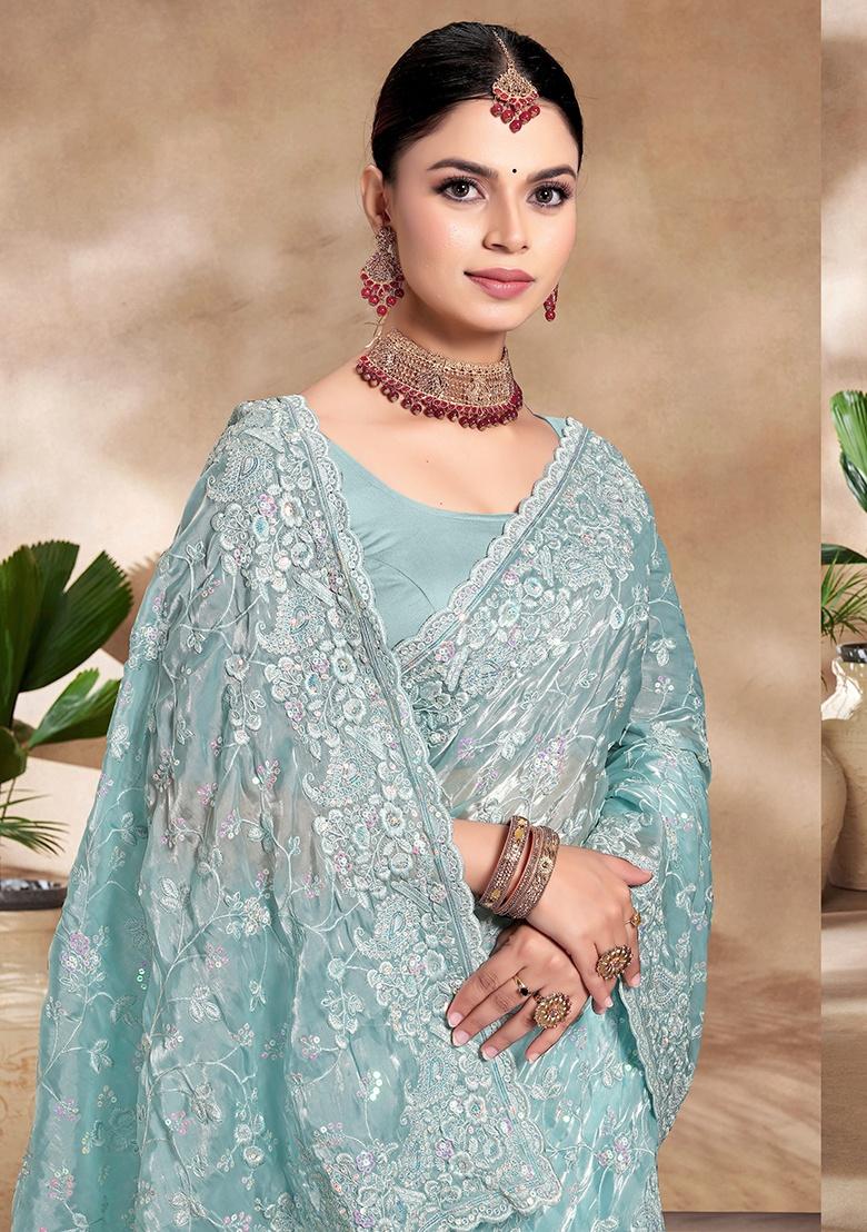 Sky Embroidery Work Silk Saree Set - Indya