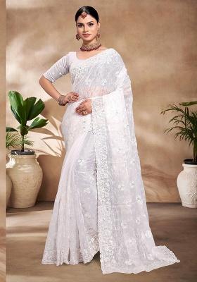 White Embroidery Work Silk Saree Set