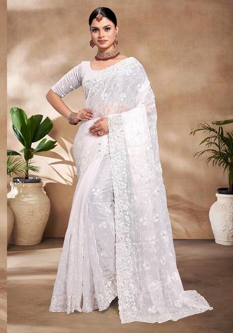 White Embroidery Work Silk Saree Set
