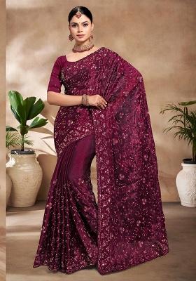 Wine Embroidery Work Silk Saree Set
