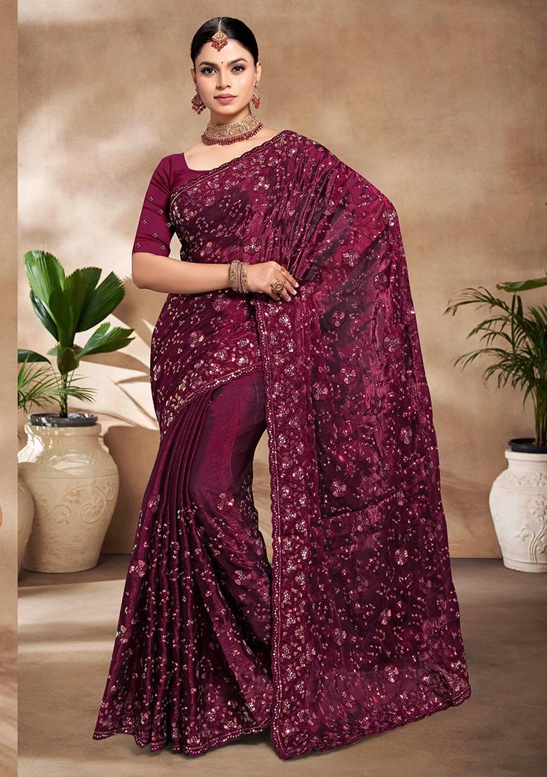Wine Embroidery Work Silk Saree Set - Indya