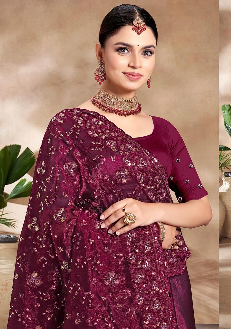 Wine Embroidery Work Silk Saree Set