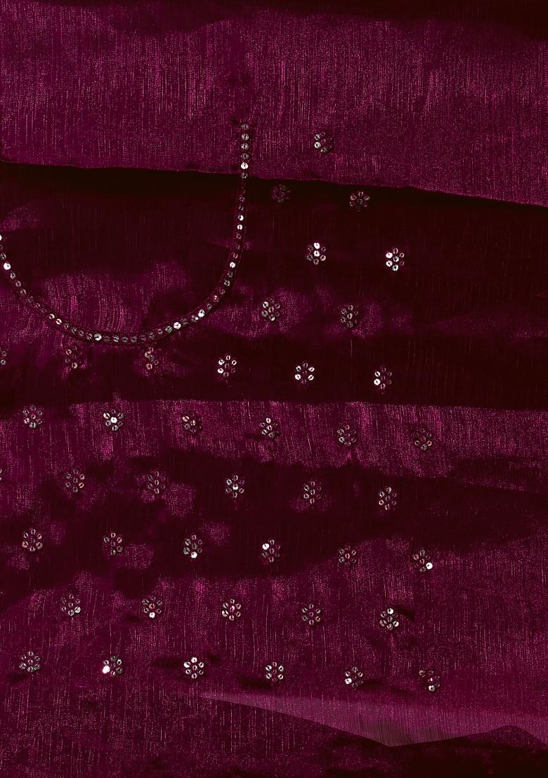 Wine Embroidery Work Silk Saree Set - Indya