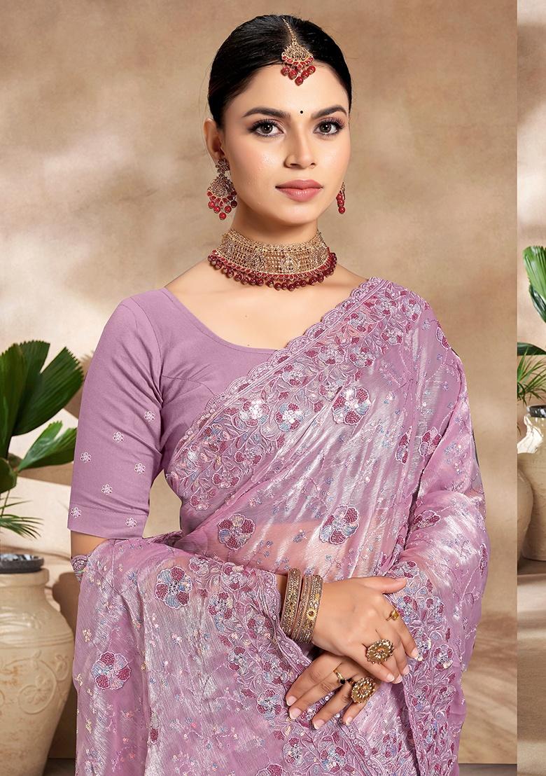 Lavender Embroidery Work Silk Saree Set - Indya
