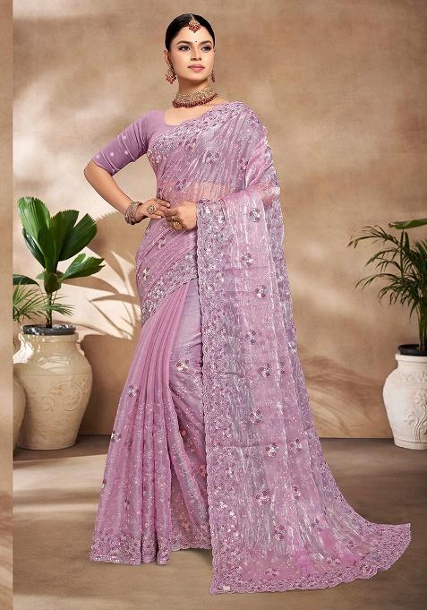 Lavender Embroidery Work Silk Saree Set