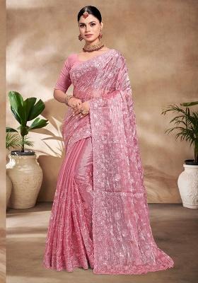 Pink Embroidery Work Silk Saree Set