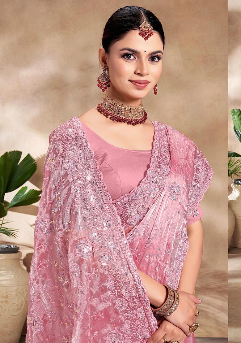 Pink Embroidery Work Silk Saree Set - Indya