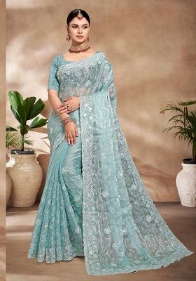 Sky Embroidery Work Silk Saree Set