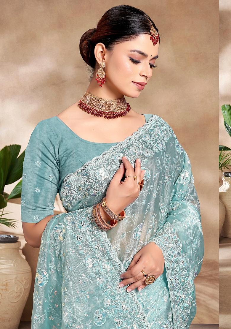 Sky Embroidery Work Silk Saree Set - Indya