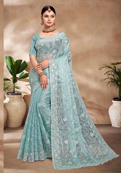 Sky Embroidery Work Silk Saree Set