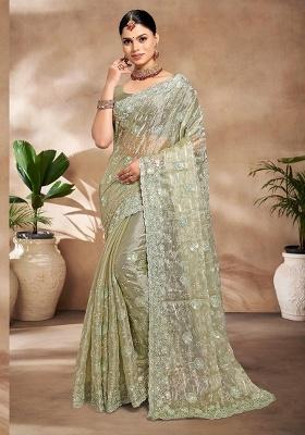 Pista Embroidery Work Silk Saree Set