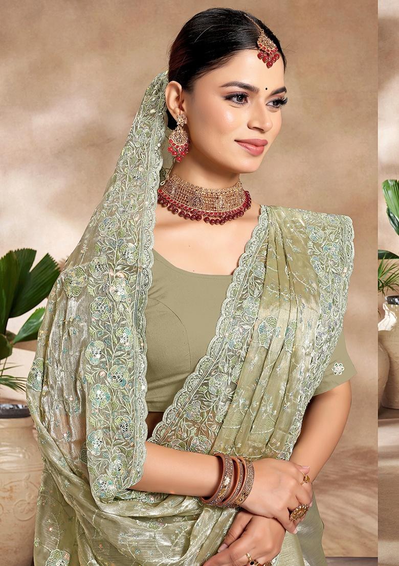 Pista Embroidery Work Silk Saree Set - Indya