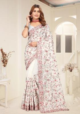 White Embroidery Work Silk Saree Set