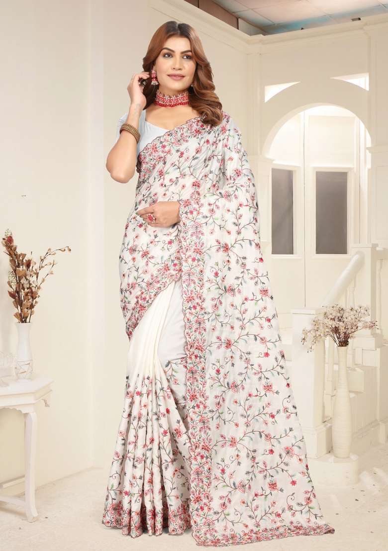 White Embroidery Work Silk Blend Saree Set for Diwali and Festive Wear - Indya