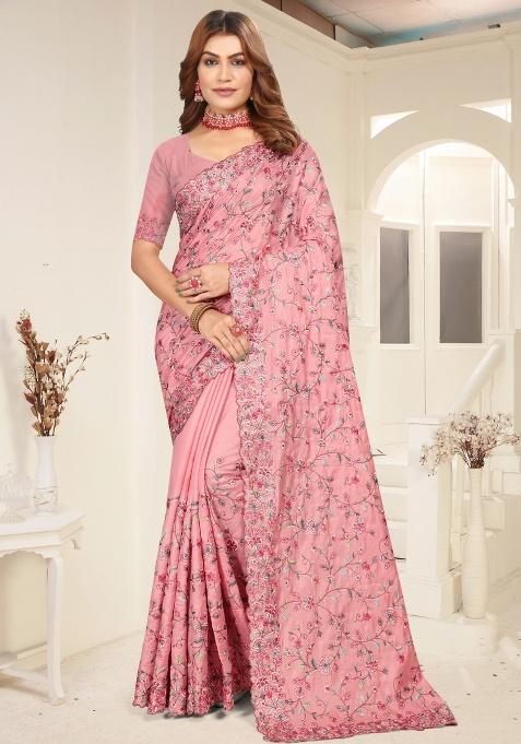 Peach Embroidery Work Silk Saree Set