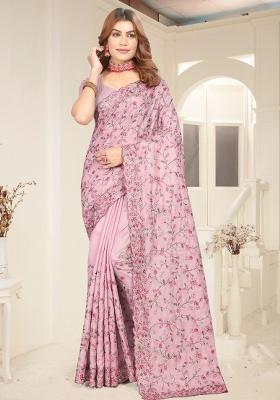 Pink Embroidery Work Silk Saree Set