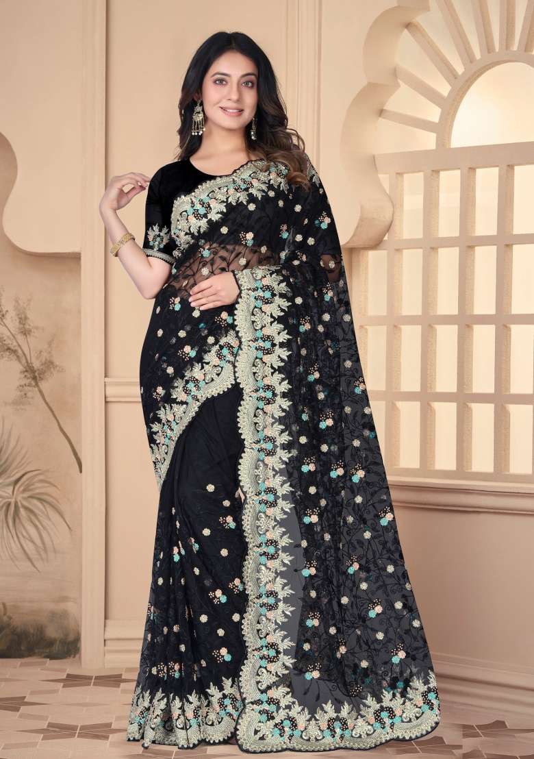 Black Embroidery Work Net Saree Set for Diwali and Festive Wear - Indya