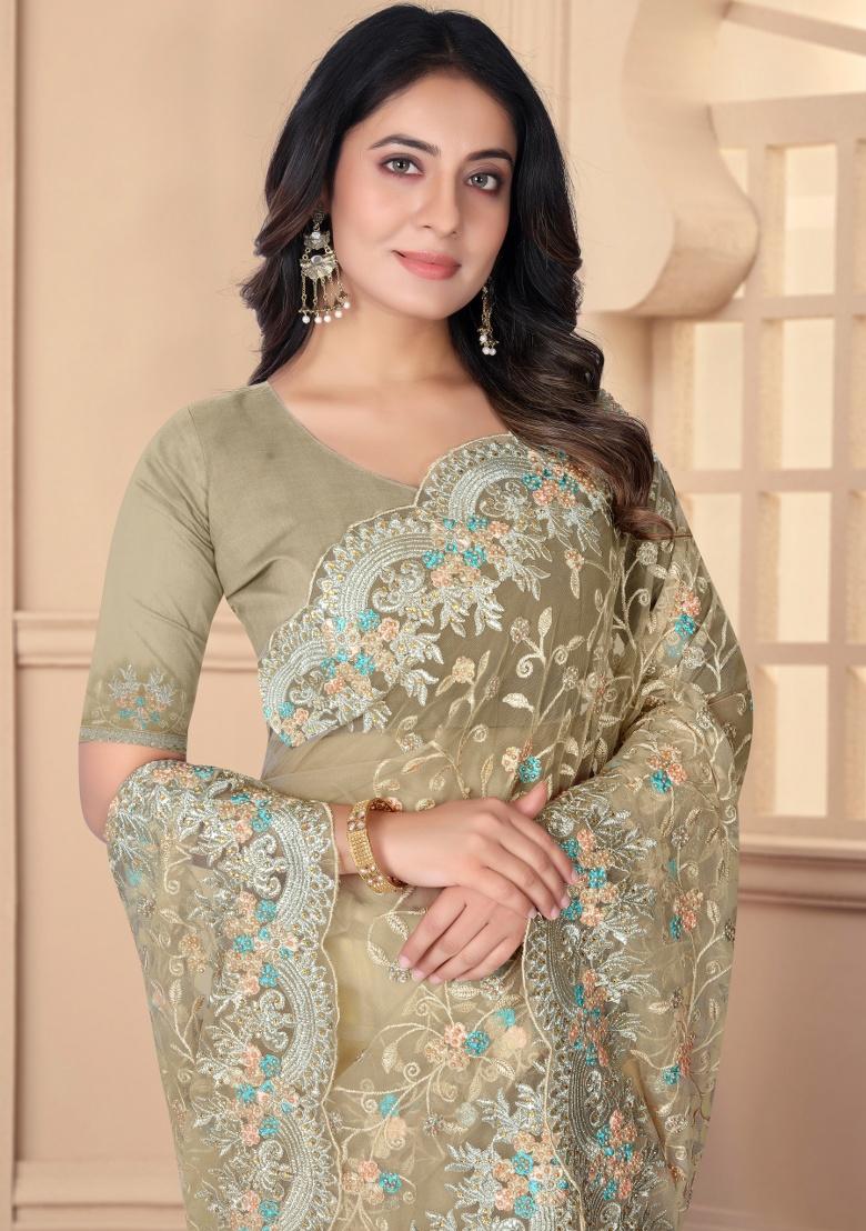 Chiku Embroidery Work Net Saree Set - Indya