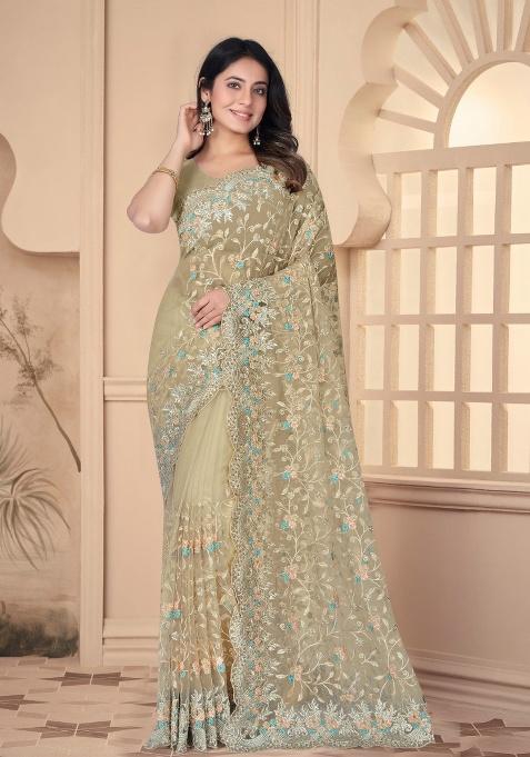 Chiku Embroidery Work Net Saree Set