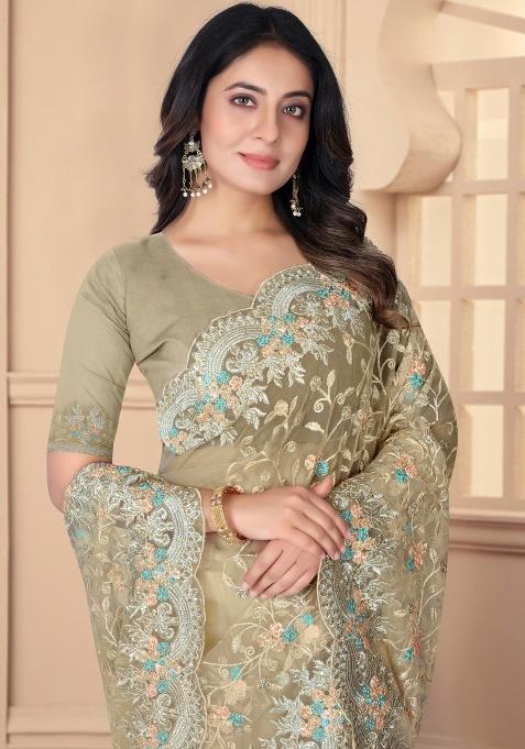 Chiku Embroidery Work Net Saree Set