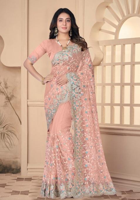 Peach Embroidery Work Net Saree Set