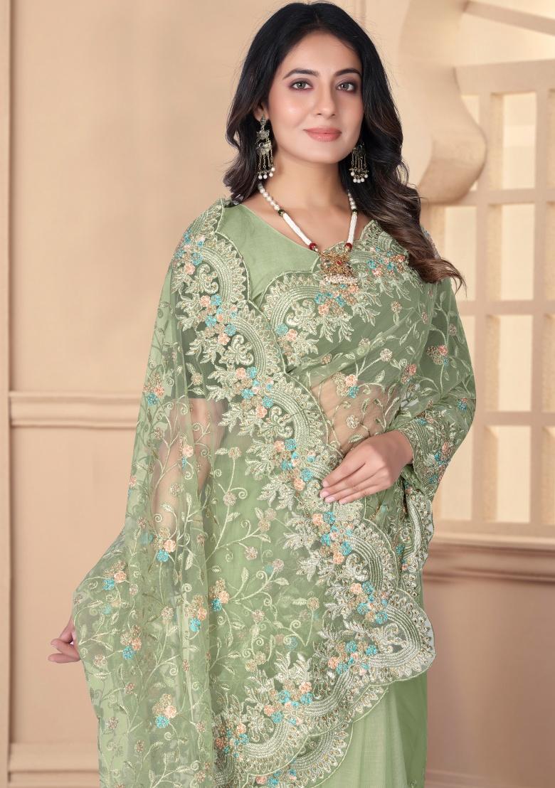 Pista Embroidery Work Net Saree Set - Indya