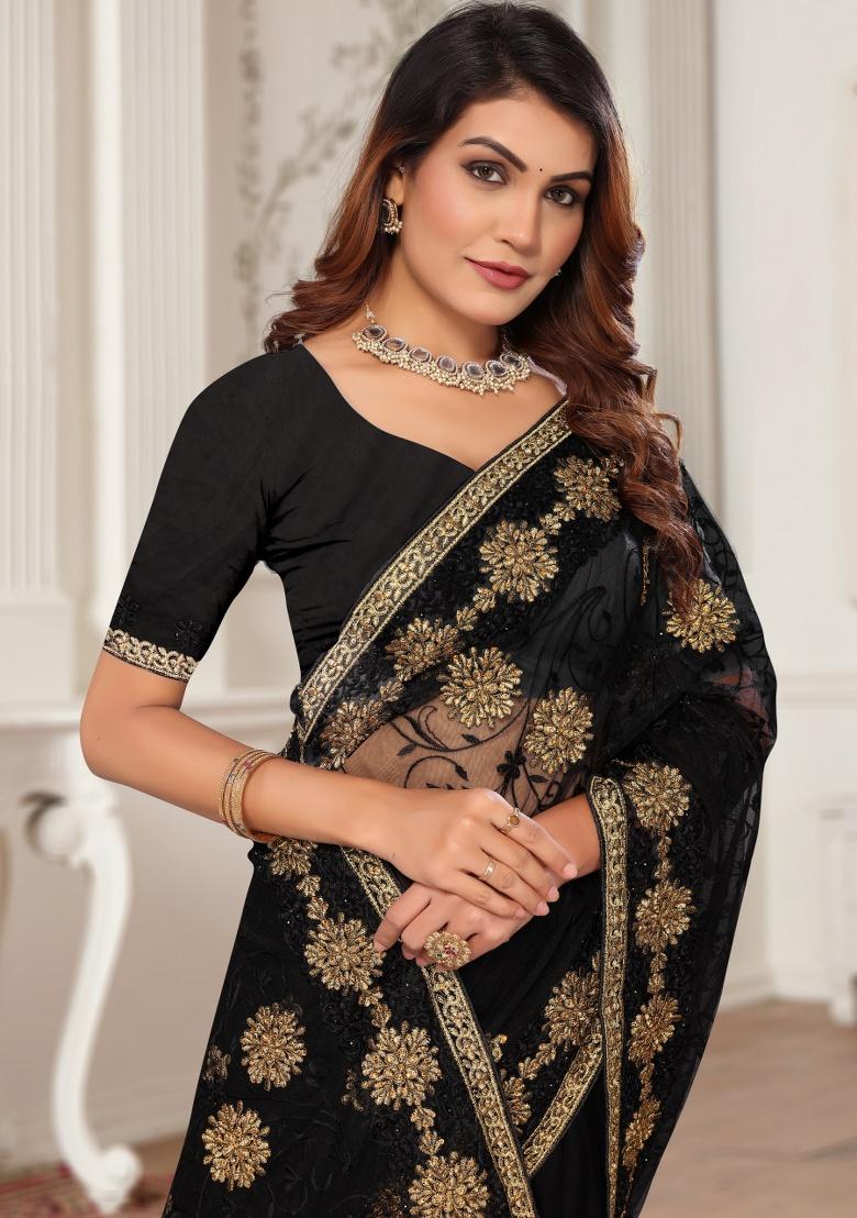 Black Embroidery Work Net Saree Set - Indya