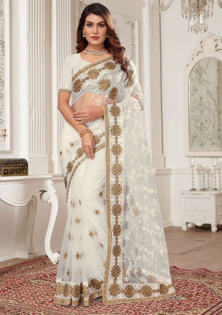 White Work Net Saree Set with Embroidery for Diwali | Wedding & Festive Wear - Indya