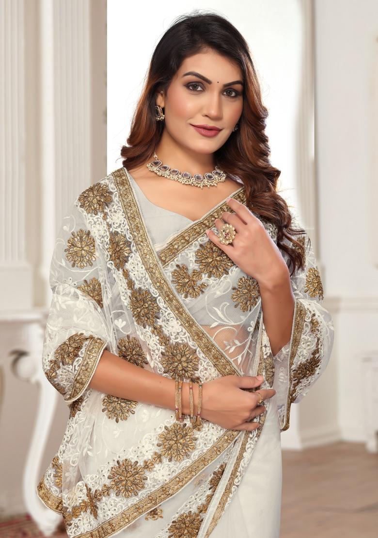 White Embroidery Work Net Saree Set - Indya