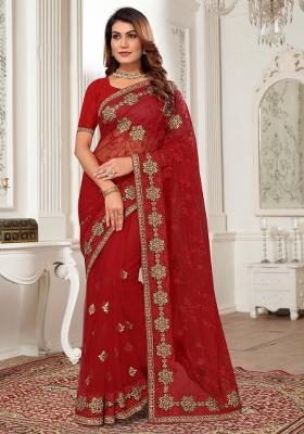 Red Embroidery Work Net Saree Set