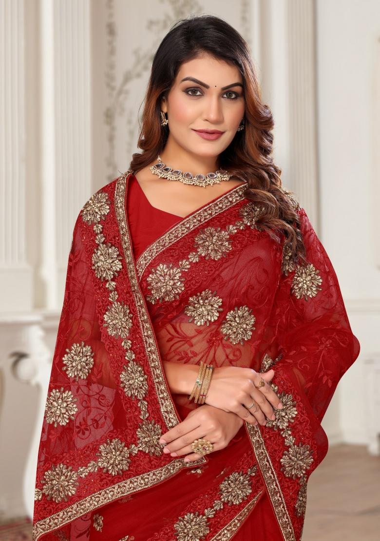 Red Embroidery Work Net Saree Set - Indya