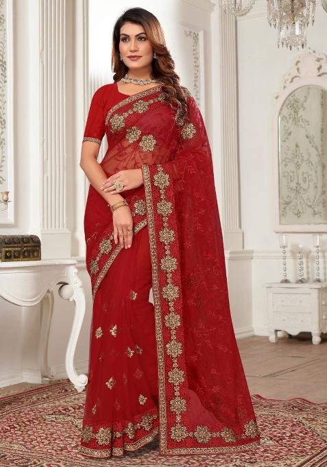 Red Embroidery Work Net Saree Set