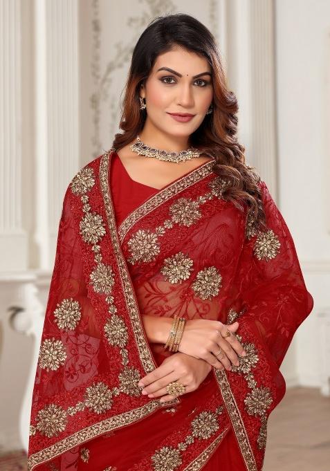 Red Embroidery Work Net Saree Set