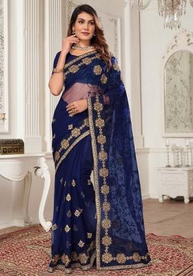 Navy Embroidery Work Net Saree Set