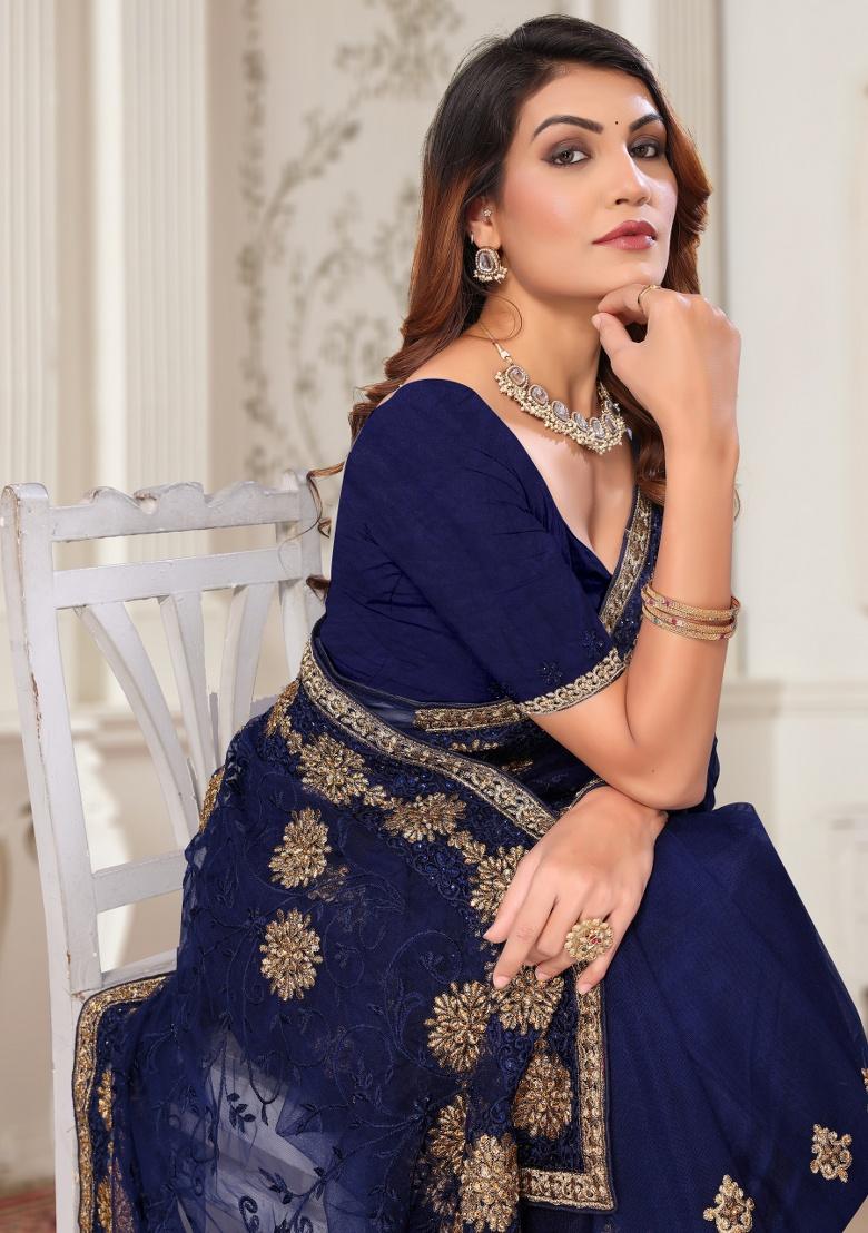 Navy Embroidery Work Net Saree Set