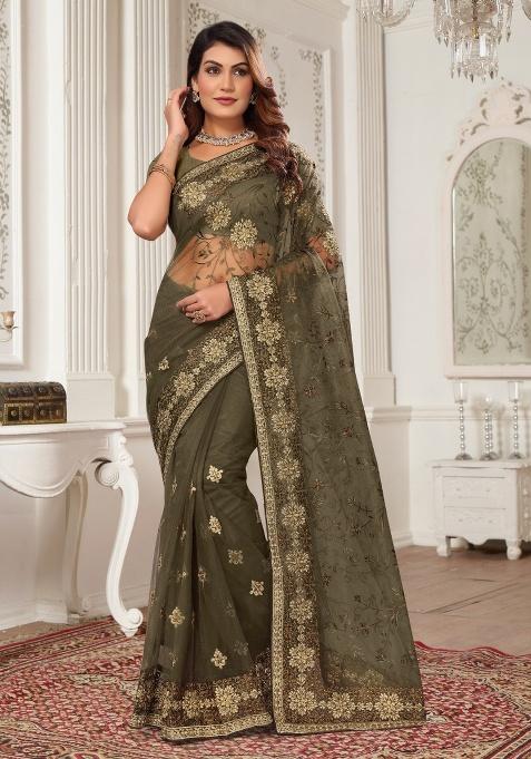 Mehandi Embroidery Work Net Saree Set
