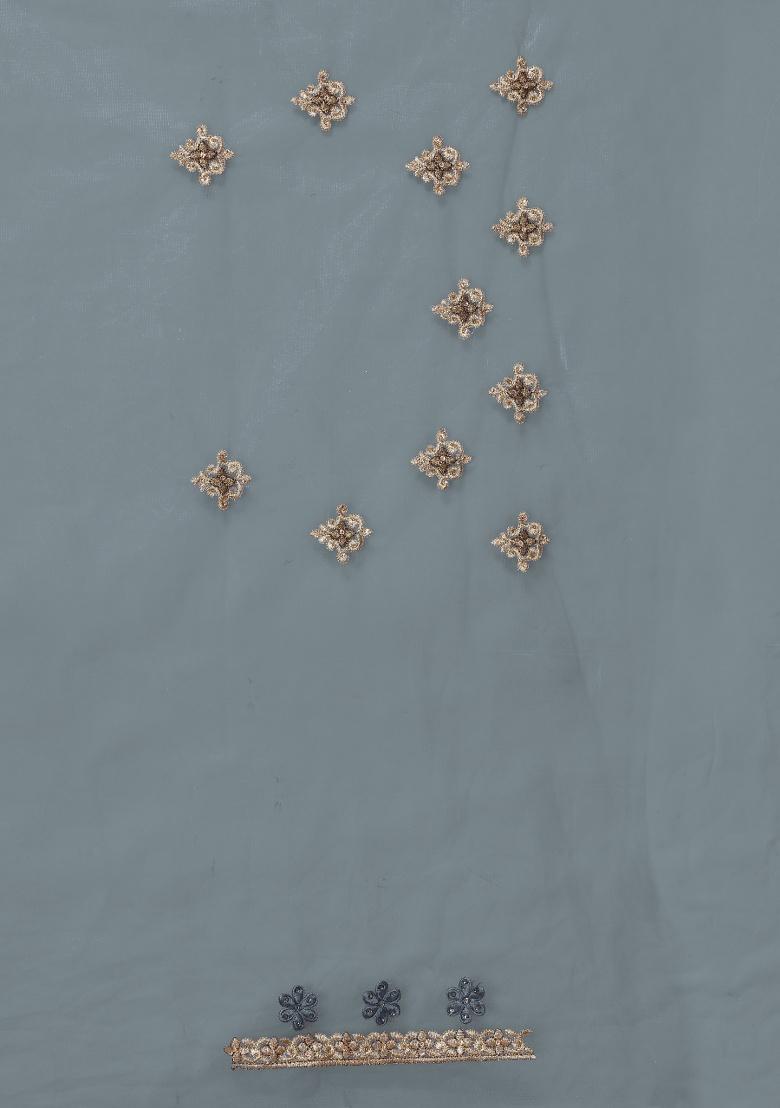 Grey Embroidery Work Net Saree Set - Indya