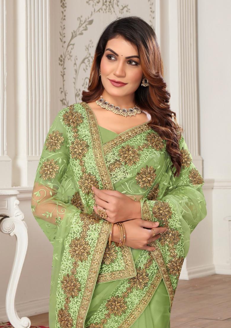 Pista Embroidery Work Net Saree Set - Indya
