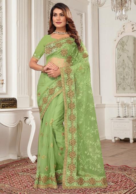 Pista Embroidery Work Net Saree Set