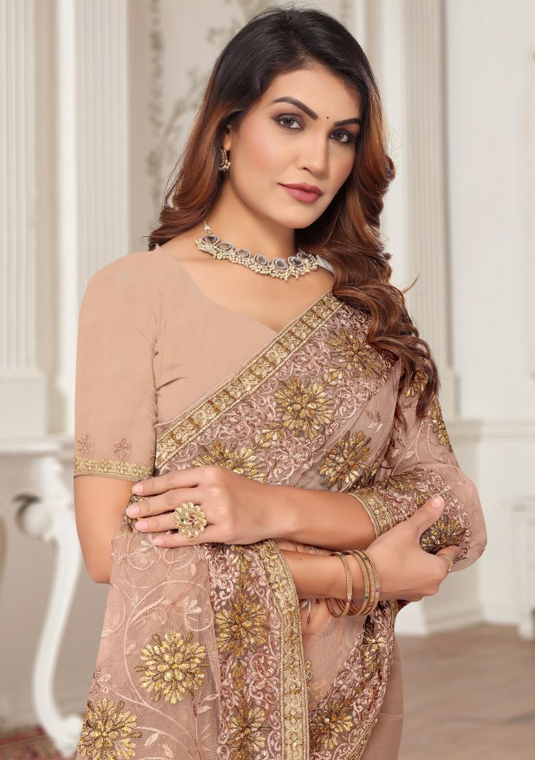 Mouse Embroidery Work Net Saree Set - Indya