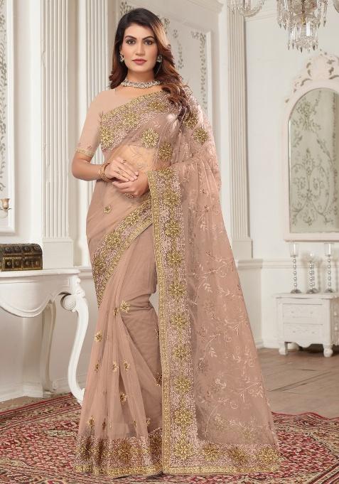 Mouse Embroidery Work Net Saree Set