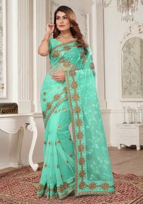 Sky Embroidery Work Net Saree Set