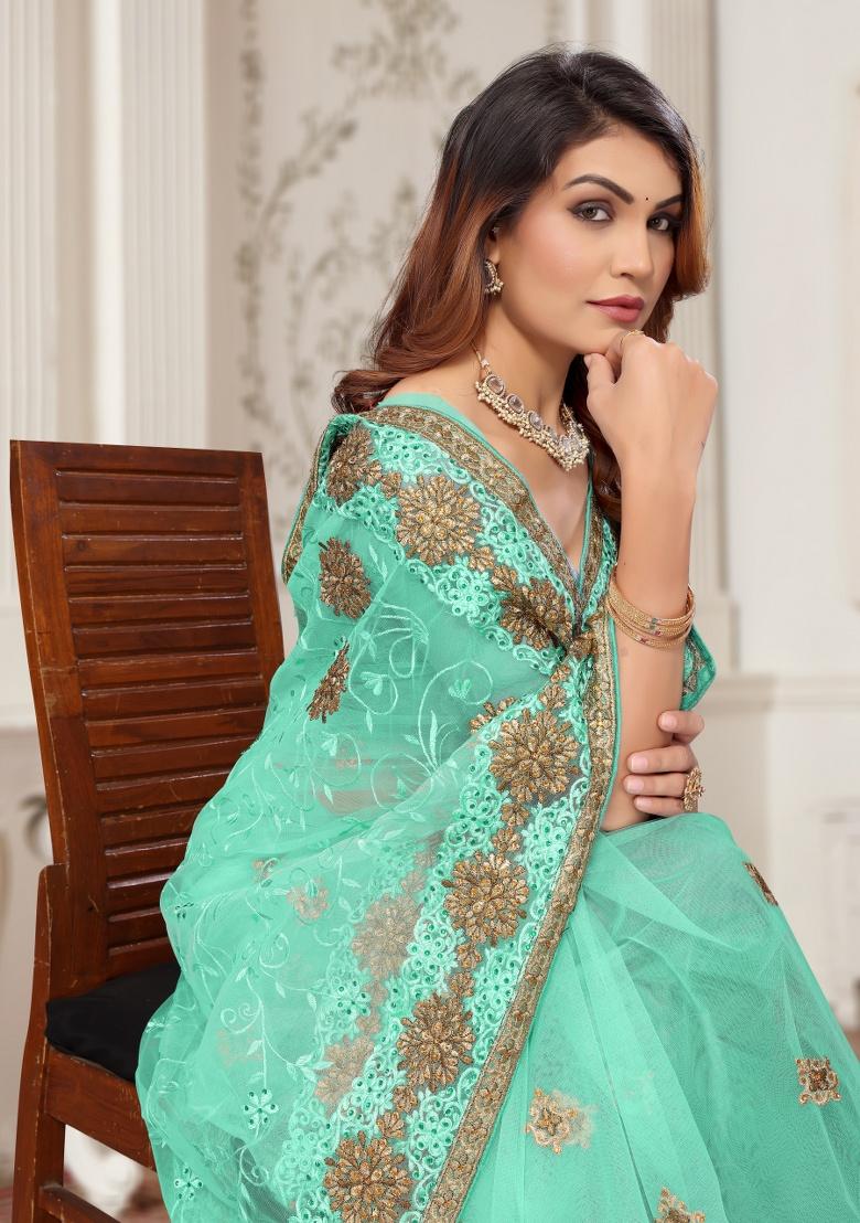 Sky Embroidery Work Net Saree Set - Indya