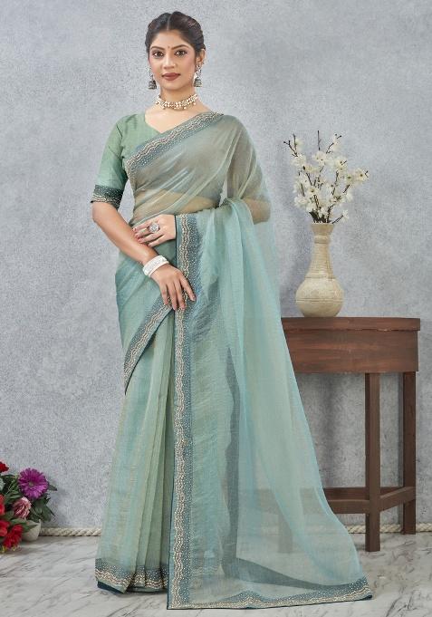 Green Printed Silk Saree Set