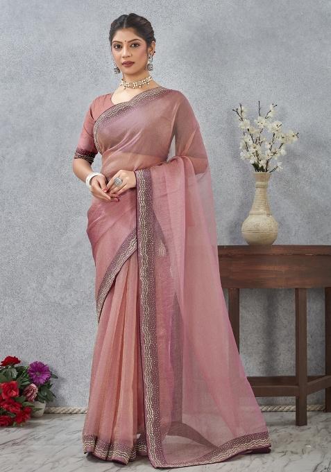 Pink Printed Silk Saree Set