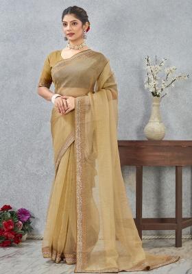 Mustard Printed Silk Saree Set