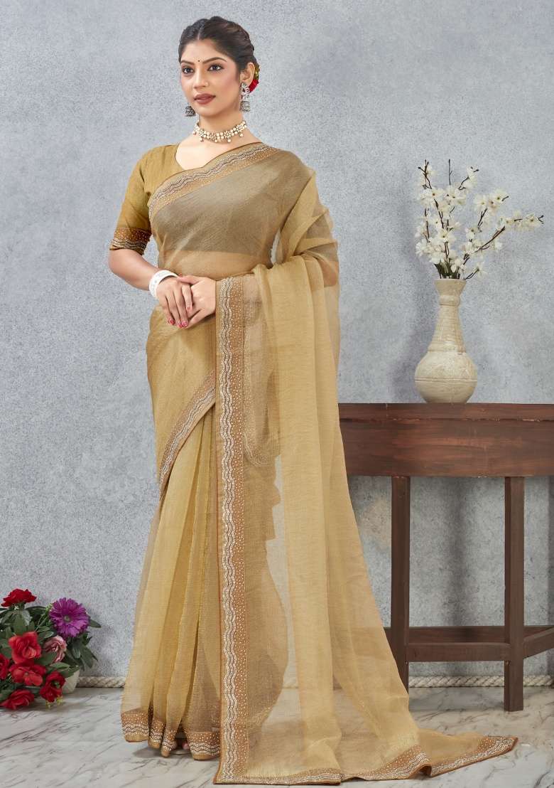 Mustard Silk Blend Saree Set with Printed for Diwali | Wedding & Festive Wear - Indya